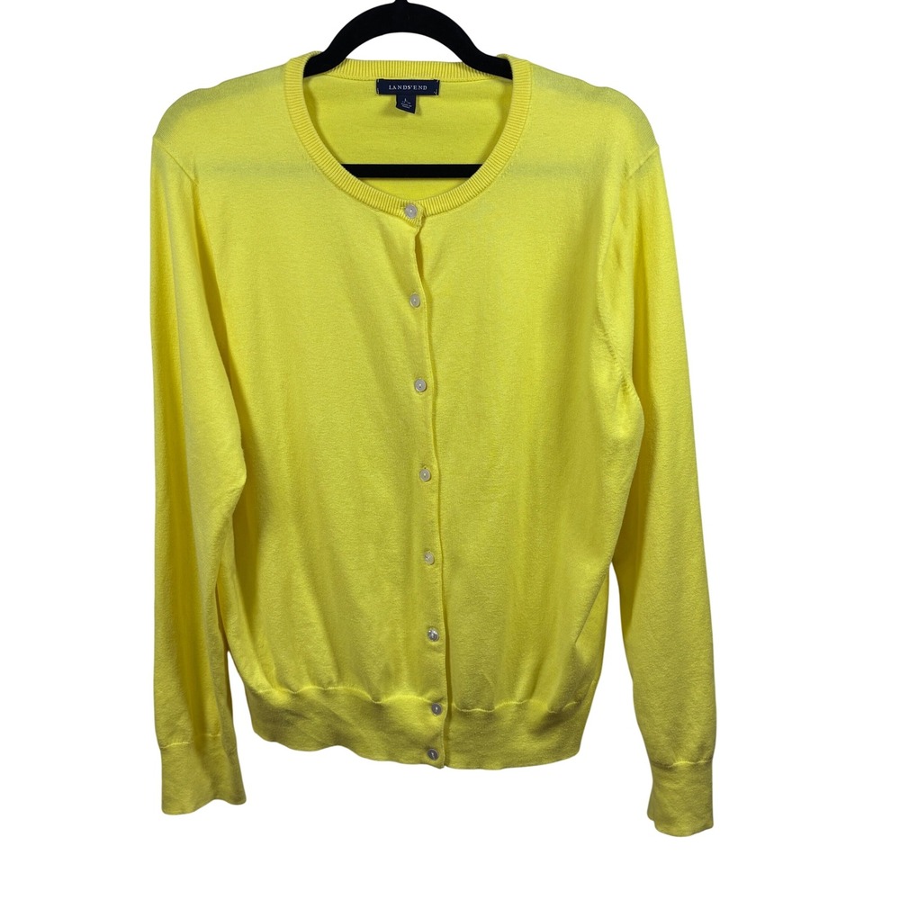 Lands End L Yellow Cardigan Cotton Blend Scandi Copenhagen Dopamine Prep Coastal - Picture 2 of 6